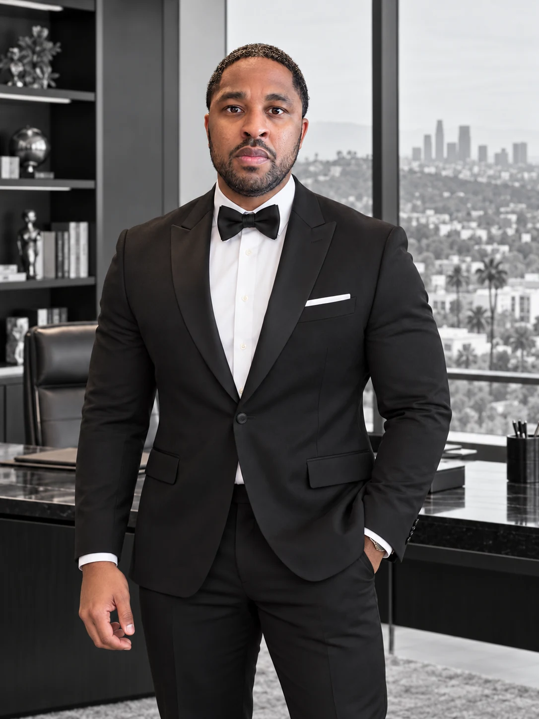 Sherman Perryman in a black suit and bow tie