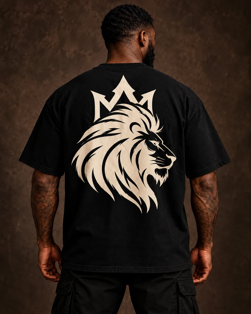 Model wearing the crowned lion on the back of the black shirt