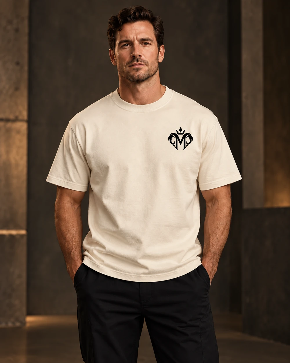 Model wearing the approved crowned M on the front of the bone shirt