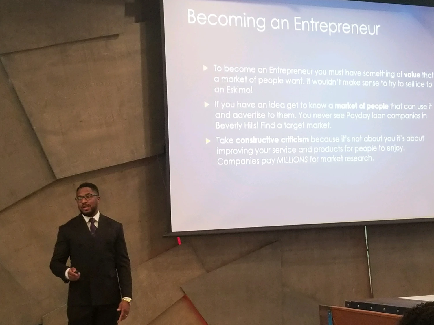 Sherman speaking about entrepreneurship